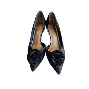 Black Satin Peep Toe Heels With Rosette Detail 3.5" Stiletto Heel Size 8 By Adri